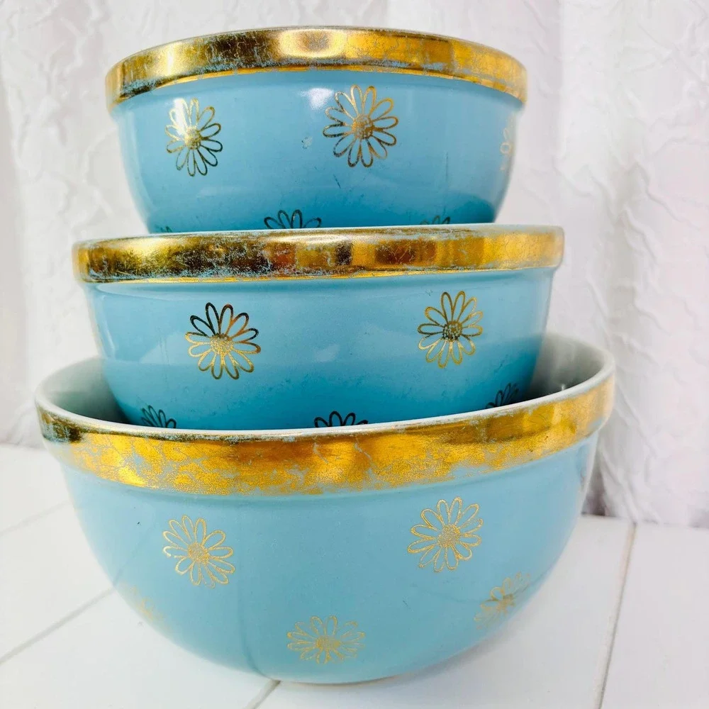 Vintage Hall China Nesting Bowls, Blue and Gold Daisy, Set of 3